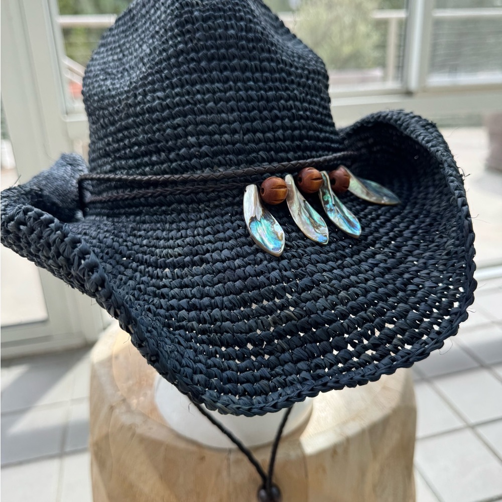 Elegant Black Woven Hat with Beaded Charms